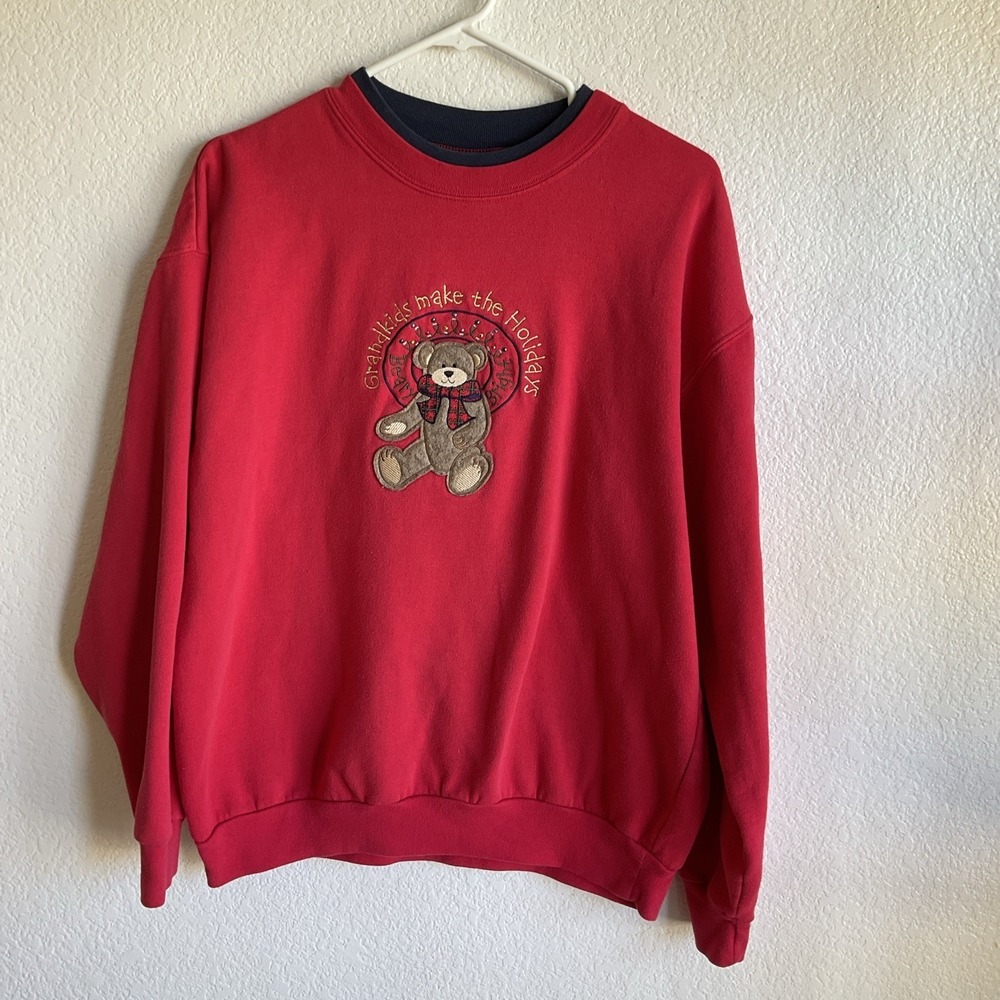 VINTAGE M & C SPORTSWEAR CHRISTMAS SWEATSHIRT EMBROIDERED GRANDKID TEDDY BEAR